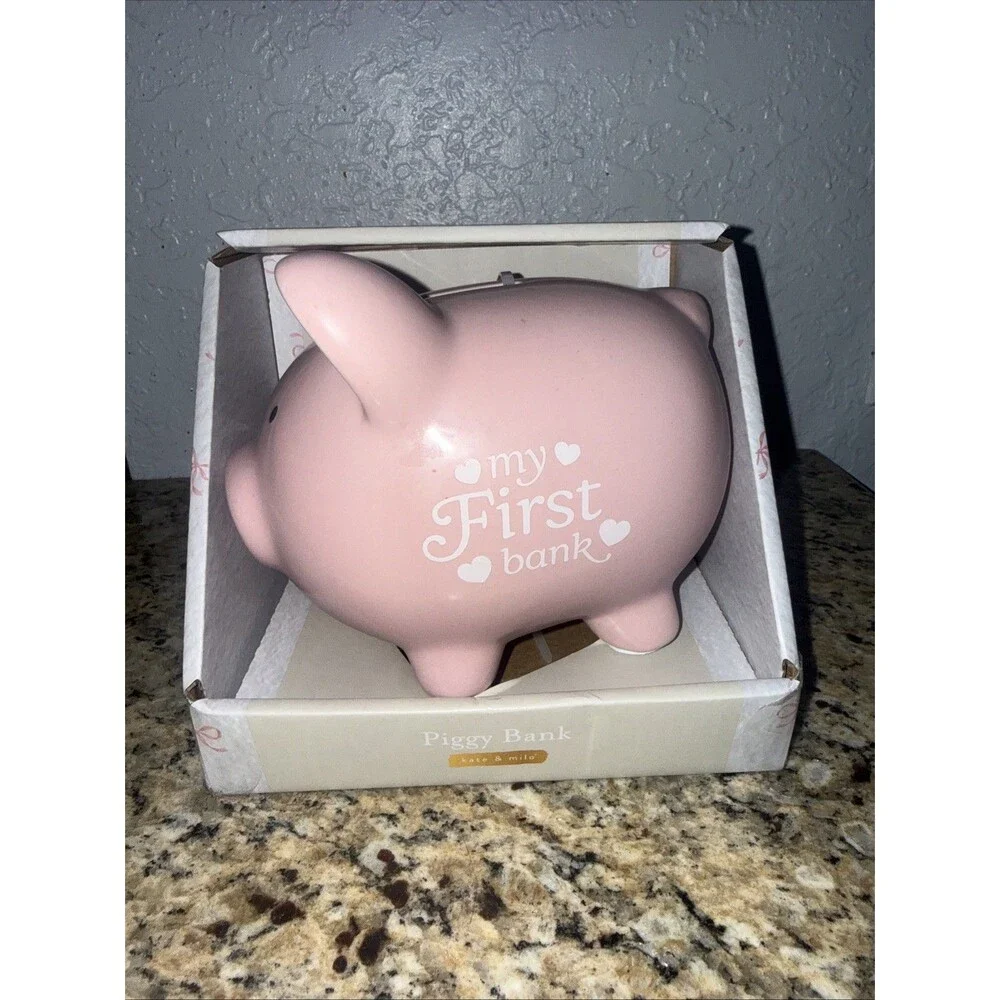 My First Piggy Bank Pink Coin Bank With Flowers Child’s Ceramic 8” X 6” Complete